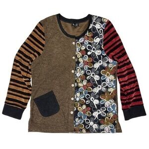 Vintage Artsy Felted Cardigan Sweater XL Striped Chenille Sleeves Fairy Grunge